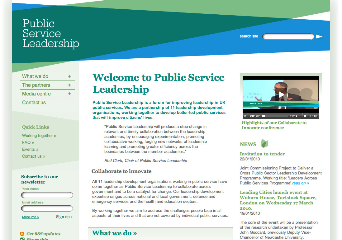 A screen from the website of Public Service Leadership created by UXB London, a design design agency in London, UK