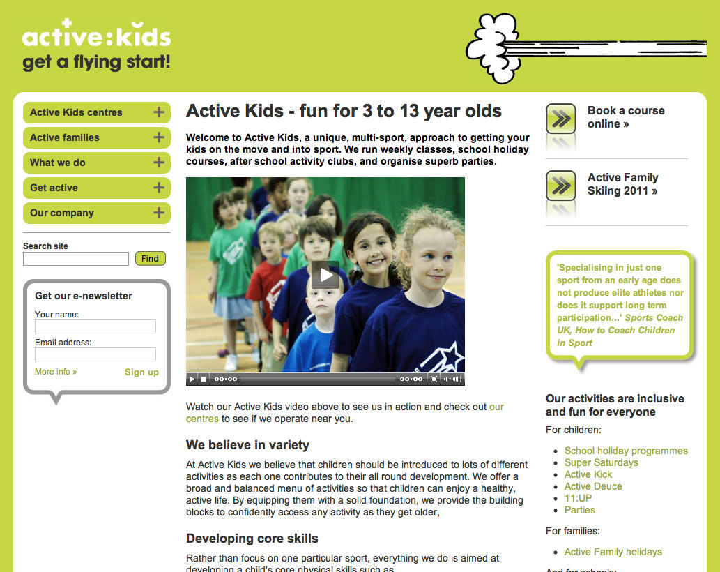 Home page from the Active Kids website wwwactivekidsbiz designed by UXB London an agency in London UK